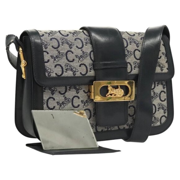 CELINE C Sulky Shoulder Bag Canvas Navy Gold Auth - Picture 1 of 16